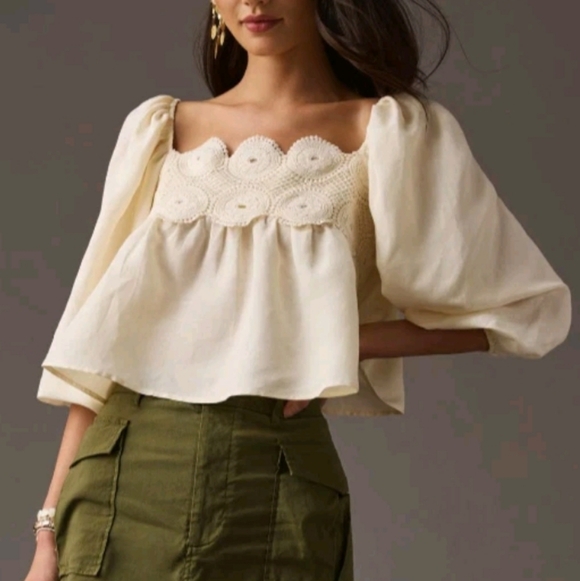 By Anthropologie Tops - Anthropologie Lace babydoll Top In Cream Linen Blend Cottagecore Prairie